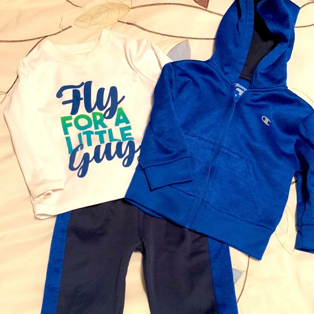 Champion 3 PC Set Long Sleeve Shirt, Blue Hoodie & Matching Pants 12 month